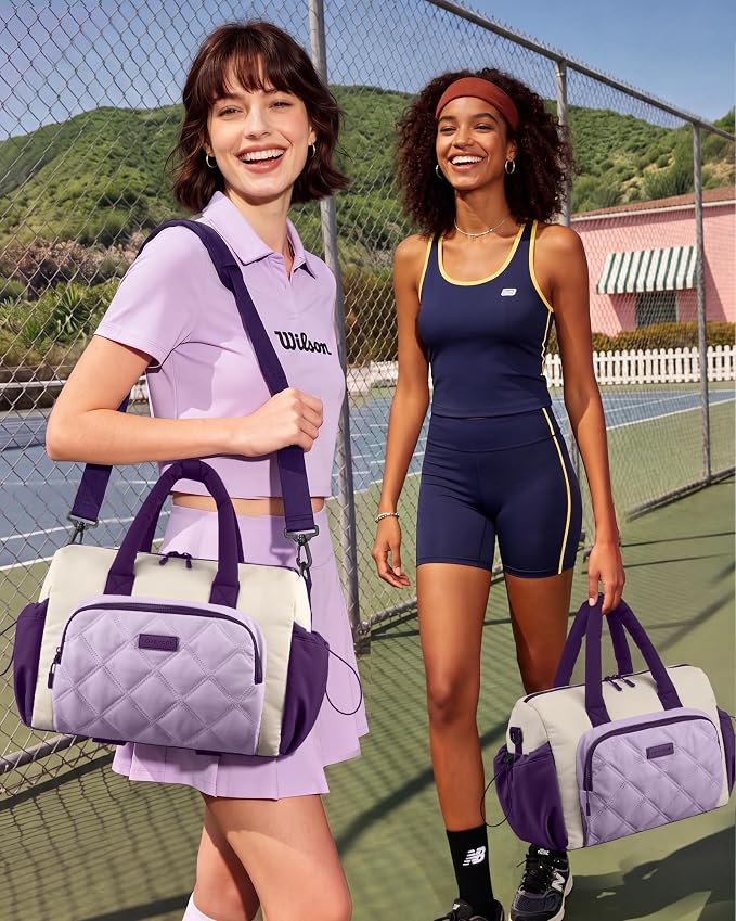 LOVEVOOK Small Gym Bag for Women with Yoga Mat Holder, Workout Bag with Large Tumbler Holder Pocket,Carry on Bag for Workout Dance Pilates Ballet Swimming Travel，White and Purple