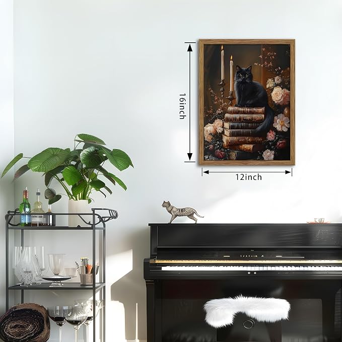 Vintage Dark Academia Framed Wall Art, Victorian Black Cat Floral Canvas Prints, Antique Book Wildflower Gothic Wall Decor for Living Room Gallery Library – Dark Wooden Frame 12x16in