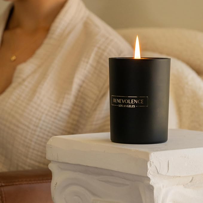 Benevolence LA Premium Santal Scented Candle – Long-Lasting, 45-Hour Burn – Luxury Black Wax Soy Candle for Home – Aromatherapy & Room Decor – 10oz