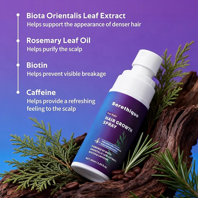 Hair Growth Serum Spray with Rosemary Oil, Biotin & Caffeine, Fast Absorbing Non-Greasy Scalp Serum for Fuller-Looking Hair, Alcohol-Free Nourishing Scalp Spray for Women & Men, 60ml