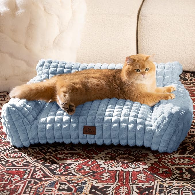Cat Couch Bed with Fluffy Faux Rabbit Fur for Indoor Cats, 30 Inch | Cute Fuzzy Cat Sofa Recliner With Washable Cover, Suppportive Cozy Pets Couch in 3D Diamond Pattern, Light Blue