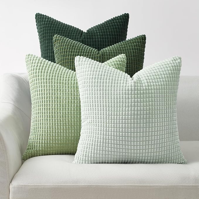 Topfinel 4 Packs LightGreen Decorative Throw Pillow Covers 16x16 Inch for Living Room Couch Bed Sofa, Boho Western Farmhouse Home Decor, Square Soft Moss Corduroy Summer Cushion Case 40x40 cm