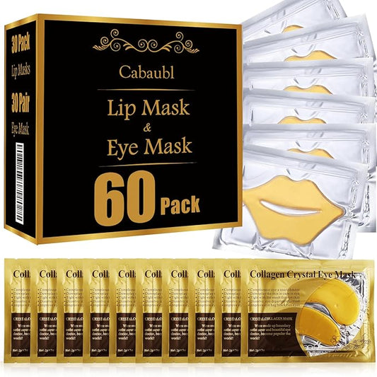 60 Pcs Moisturizing Lip & Eye Masks,Gold Lip Masks,Gold Under Eye Patches for Puffy Eyes and Dark Circles,Collagen Lips Mask Sheet, Skincare for Dry Lips,Reducing Fine Lines