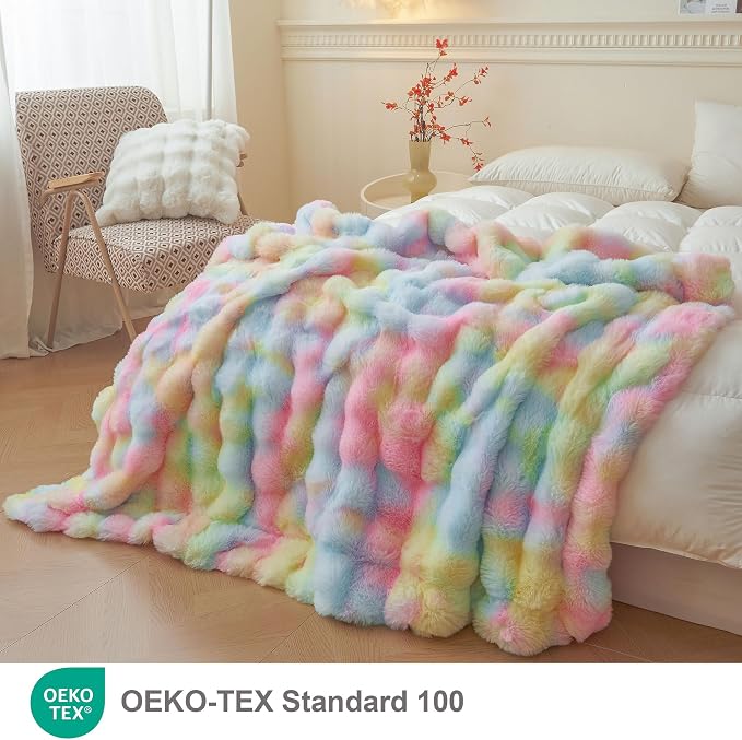 LIFEREVO Luxury Fluffy Faux Rabbit Fur Throw Blanket 50x60, Rainbow | Soft Plush Bubble Blanket for Bed Couch Sofa Office, Decorative Cute Tie Dye Shaggy Lap Throw for Kids Girls Adults, Washable
