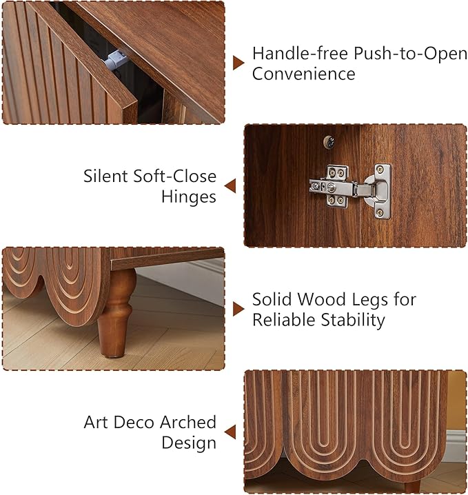 weselon 63" Buffet Cabinet with Scalloped Arched Doors, 4-Door Sideboard with Adjustable Shelves, Push-to-Open & Soft-Close Hinges, Solid Wood Legs Storage Cabinet for Coffee Bar TV Console (Walnut)