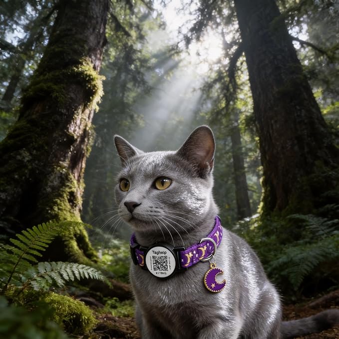 2PCS Breakaway Cat Collars with QR Code Bell Moons Stars Cute Kitty Adjustable Safe Kitten Collars with Pendant Glow in The Dark. Smart ID tag.Real-time scan alerts (Purple&Pink)