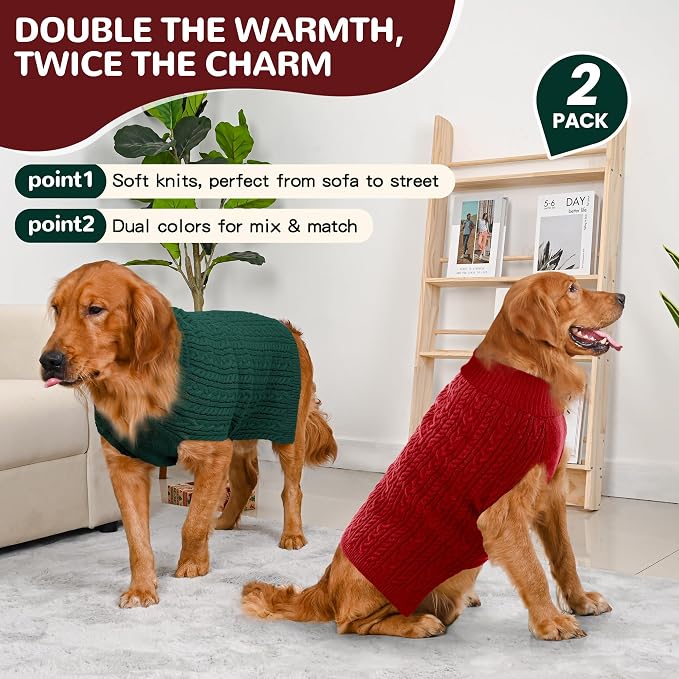Dog Sweater 2 Pack for Large Dogs, Size XXL, Red & Green | Stretchy cable knit turtleneck, machine washable, high belly cut, comfy winter fit for Golden Retriever, Labrador
