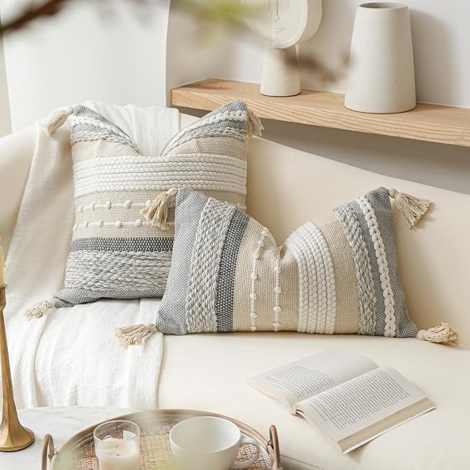 Decorative Lumbar Throw Pillow Cover 12x20 Boho Gray Accent Cushion for Couch Sofa Farmhouse Pillowcase for Bedroom Living Room Home Décor Cover ONLY