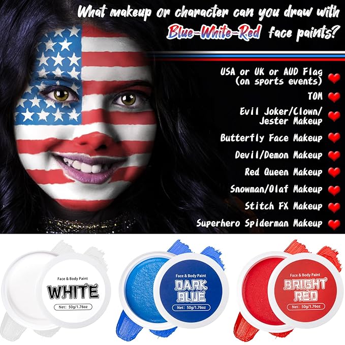 TonJin White Red Blue Face Body Paint Set 5.28oz,Non-Toxic Professional Facepaint Makeup Kit with 3 Brushes for 4th of July USA Independence Day Football Softball Players Clown Spiderman