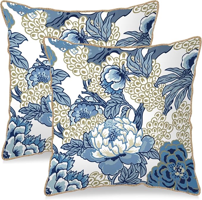 KSLIDS Vintage Floral Soft Velvet Throw Pillow Covers Set of 2 Blue Beige Floral Decorative Pillow Covers 16x16 Inch Chinoiserie Retro Pillow Case for Sofa Couch Bedroom Farmhouse Home Decor