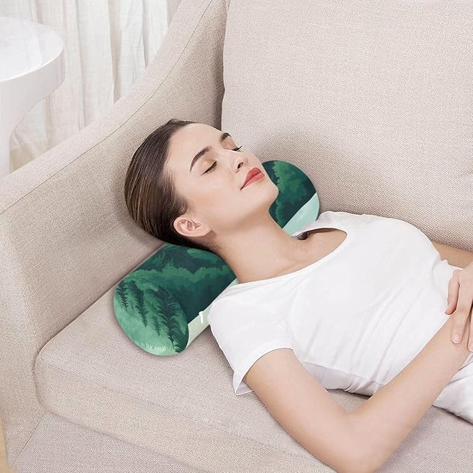 Mountain Forest Trees Green 02 Neck Roll Pillow Bolster Round Health Memory Foam Long Cervical Cylinder Pillows with Removable Washable Cover for Body Bed Legs Back Yoga