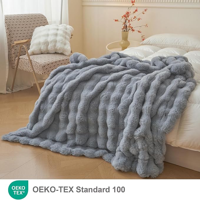 LIFEREVO Luxury Fluffy Faux Rabbit Fur Throw Blanket 60x80, Gray | Plush Fuzzy Bubble Lap Throw for Couch Sofa Office, Soft Cozy Furry Bed Blanket Home Decoration, Washable & Skin-friendly