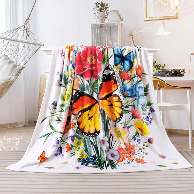 Floral Blanket Ultra Soft Butterfly Flowers Throw Blankets Wildflower Leaves Flannel Fleece Throw Watercolor Warm Cozy Fuzzy Plus Gift Cabin Blanket for Bed Sofa, 50" X 60"