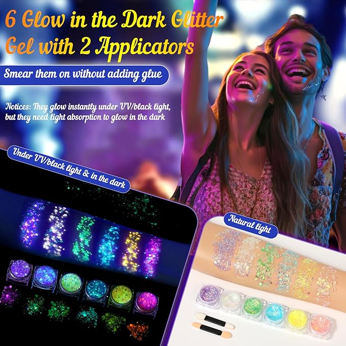 Neon Face Paint Glow in the Dark Face Painting Kit, U V Blacklight Face and Body Paint Makeup Glitter Gel Neon Paint Stick with Stencil for Halloween Party Cheer Raves Festival(Washable for Kid Adult)