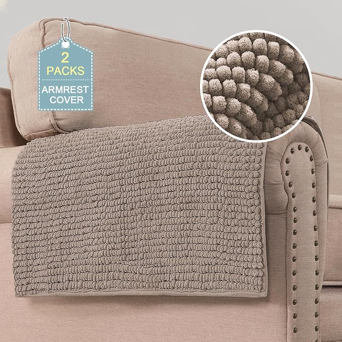 H.VERSAILTEX Plush Chenille Couch Armrest Cover 2 Packs Thick and Soft Sofa Covers Furniture Protector Cover for Pets (27.5" x 27.5", Cuban Sand)