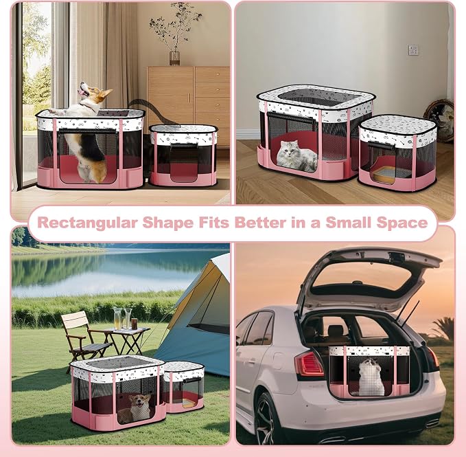 Portable Cat Playpen, 8-Rod Reinforced Kitten Dog Playpens, Foldable Play Pen for Indoor Cats Enclosed Pet Puppy Doggy Outdoor, Collapsible Tent Kennel Cage, Pink