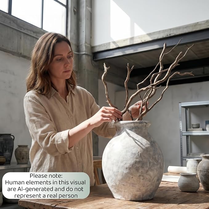 Lvases 10in XL White Ceramic Vase, Aged Stone Cement Mediterranean Vase | Rustic elegant finish with authentic limestone texture fits Tuscan farmhouse style as table decor living room home decoration