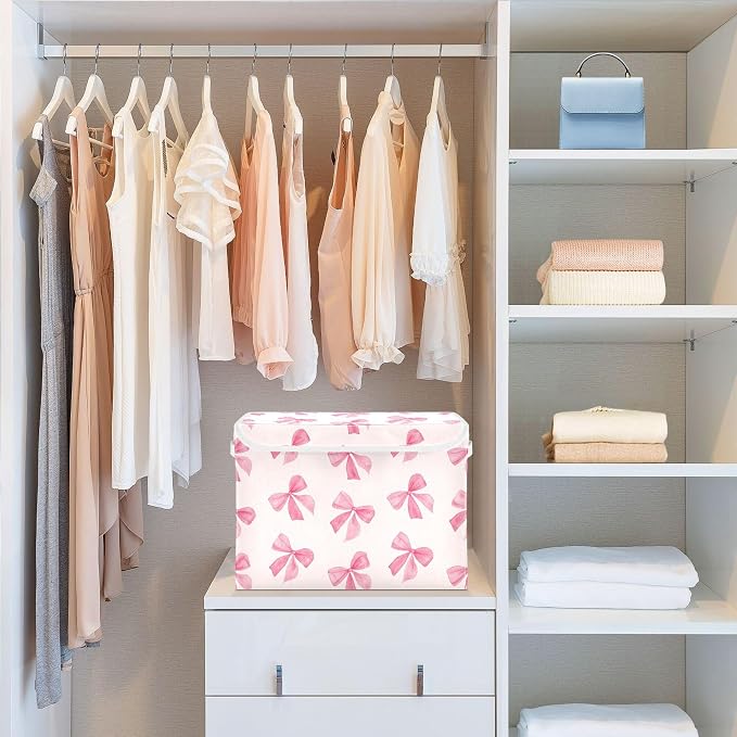 Pink Bow Storage Bins with Lids and Carrying Handle,Foldable Storage Boxes Organizer Containers Baskets Cube with Cover for Home Bedroom Closet Office