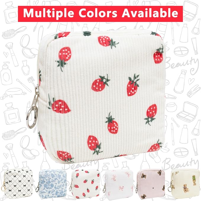 Period Bag for Girls, Corduroy Sanitary Napkin Storage Bag, Period Pouch & Tampon Holder, Feminine Care Organizer（Strawberry）