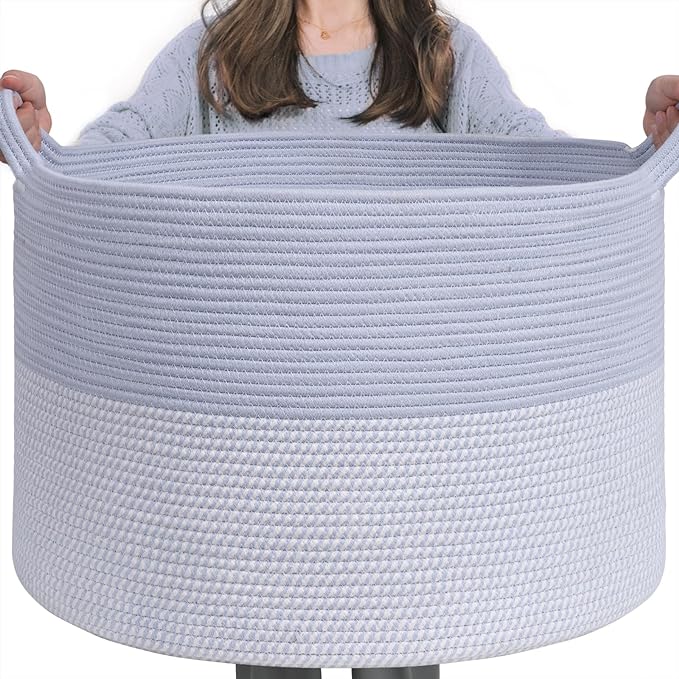 INDRESSME XXXLarge Woven Rope Blanket Basket Living Room Blue, 90L | 21.7" x 13.8" Storage baskets for toys laundry & pillows. Fits living room, bedroom or nursery décor. Soft-touch with handles