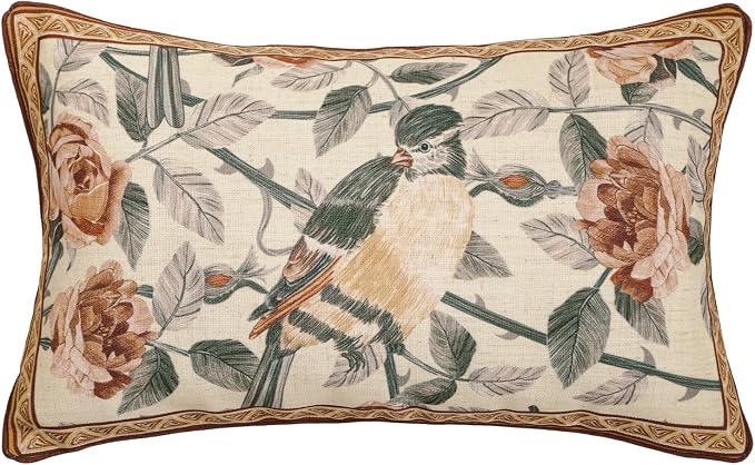 patdrea Designer Vintage Linen Throw Pillow Cover,12"x20"-ParkerEstate B | Decorative Pillow Case with Zipper,Bird and Floral Pattern,Cushion Coverfor Couch Living Room Bedroom Sofa