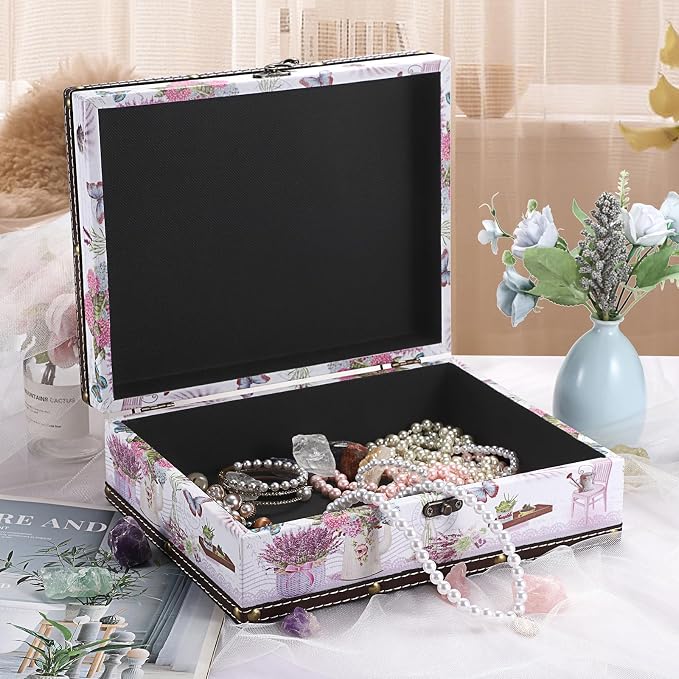 ELLDOO Wooden Treasure Chest Box, Wooden + PU Leather Storage Decorative Box for Jewelry Trinkets Photos, Vintage Rectangular Keepsakes Box for Girls Women Gifts