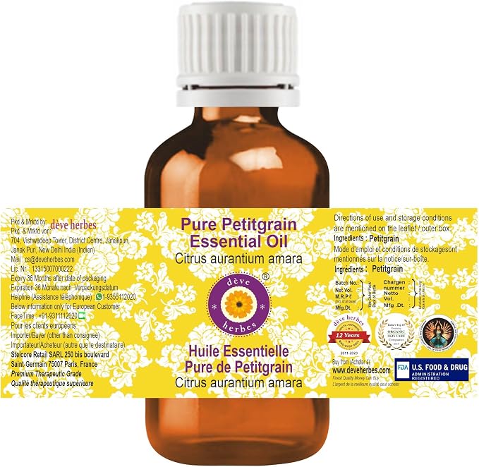 Deve Herbes Pure Petitgrain Essential Oil (Citrus aurantium Amara) Steam Distilled (Pack of Two) 100ml X 2 (6.76 oz)