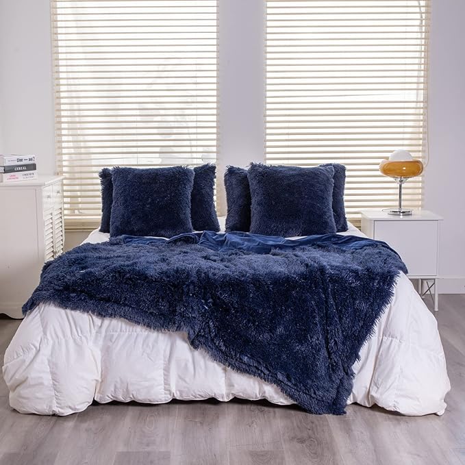 YUSOKI Long Faux Fur Throw Blanket, Navy Blue,50" x 60" | Ultra Soft, Lightweight for All Season Use, stays fluffy after repeated washes, Perfect Gifts, Machine Washable