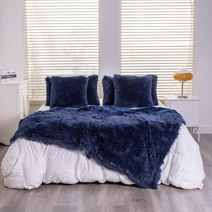 YUSOKI Long Faux Fur Twin Size Blanket, Navy Blue, 60" x 80" | Ultra Soft, Lightweight for All Season Use, stays fluffy after repeated washes, Perfect Gifts, Machine Washable