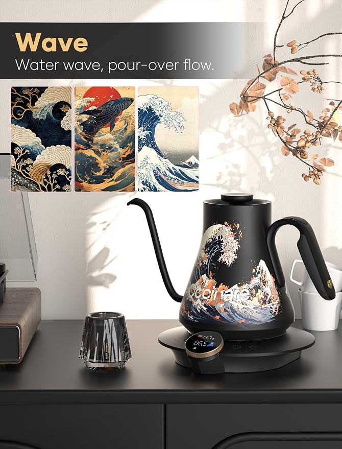 Cocinare Gooseneck Electric Kettle, ±0.5°F Precise Temperature Control, 1500W Fast Heating, Pour-Over Coffee & Tea, Stainless Steel, 0.9L (Artisan Wave Design)