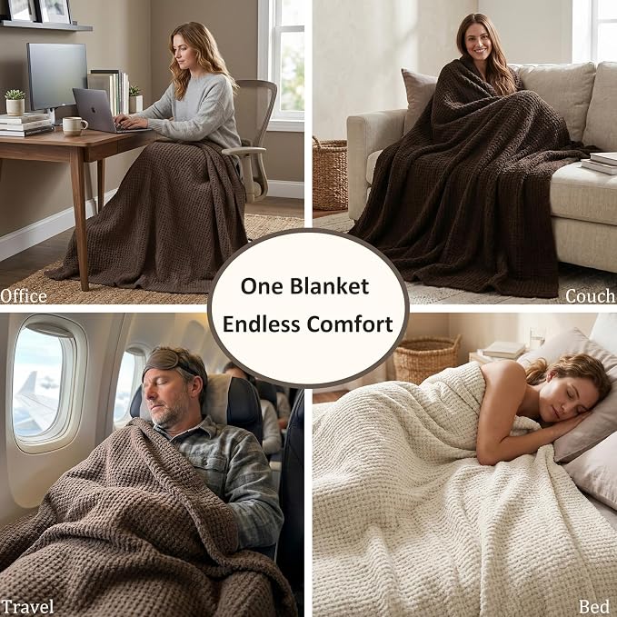 WDCOZY Brown Waffle Throw Blanket for Couch Bed, Reversible Super Soft Plush Knitted Blanket, Lightweight Cozy Fuzzy Fluffy Throw for Sofa Chair, Textured Blanket for Home Decor, Chocolate 60"x80"