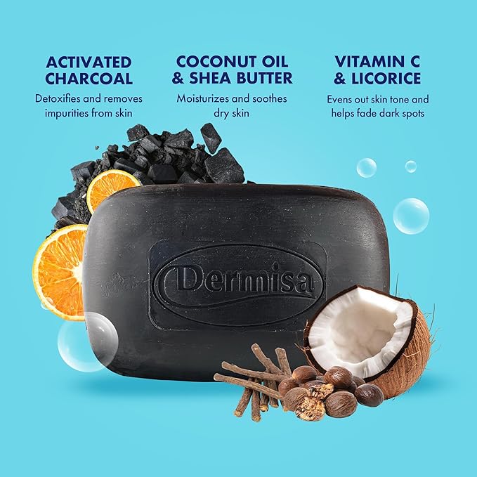 Dermisa Detoxifying Charcoal Bar Soap with Activated Charcoal, Coconut Oil and Shea Butter - Deep Pore Cleansing and Acne Treatment Soap for All Skin Types, 3.0 oz
