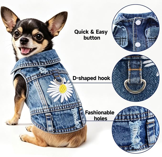Dog Jean Jacket,Blue Denim Vest for Small Pet,Cute Clothes with D-Ring | Soft Washed Cotton Denim Costume,Cool Apparel Dress Shirt for Puppy,Classic Daisy Coat Outfit for Small Dogs Cats Boy Girl