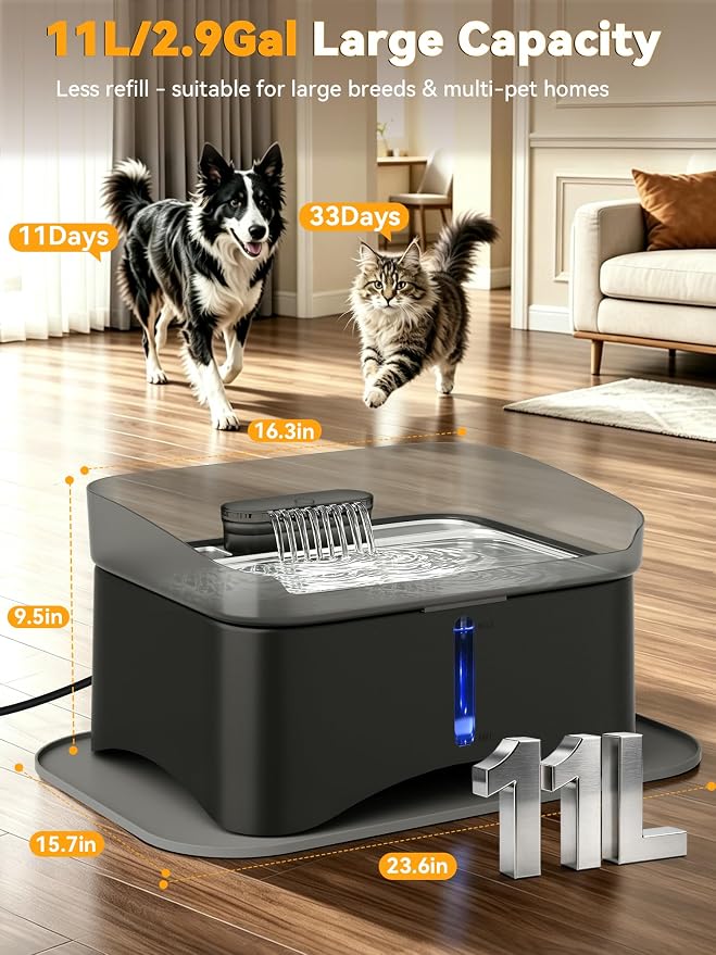 11L Elevated Dog Water Fountain No-Spill with 4 Heights Adjustable | Large Capacity, No-Splash, Anti-Slip Mat, 304 Stainless Steel Tray, 5-layer Filtration, for Senior/Large Dog & Multi-Pet Home