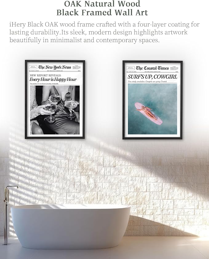iHery 12x16in Every Hour Is Happy Hour Black Framed Newspaper Wall Art | Premium Black Natural OAK Wood Frame with Canvas Print, Retro Editorial Decor for Bedroom, Girl Dorm, Living Room 1Pack