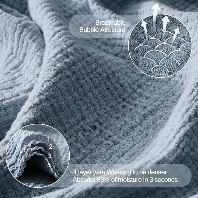 WDCOZY Muslin Throw Blanket 100% Cotton Blankets 4-Layer Breathable Lightweight Soft for Couch Boho Farmhouse Linen Tassels Ruffle Gauze Blankets All Season for Adults 50x60 Inches Dusty Blue