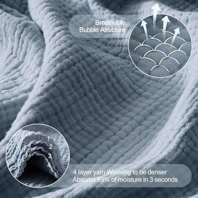 WDCOZY 100% Cotton Muslin Blanket Queen Size 4-Layer for Bed Breathable Lightweight Soft Large Boho Farmhouse Linen Tassels Ruffle Gauze Blankets All Season for Adults 90x90 Inches Dusty Blue
