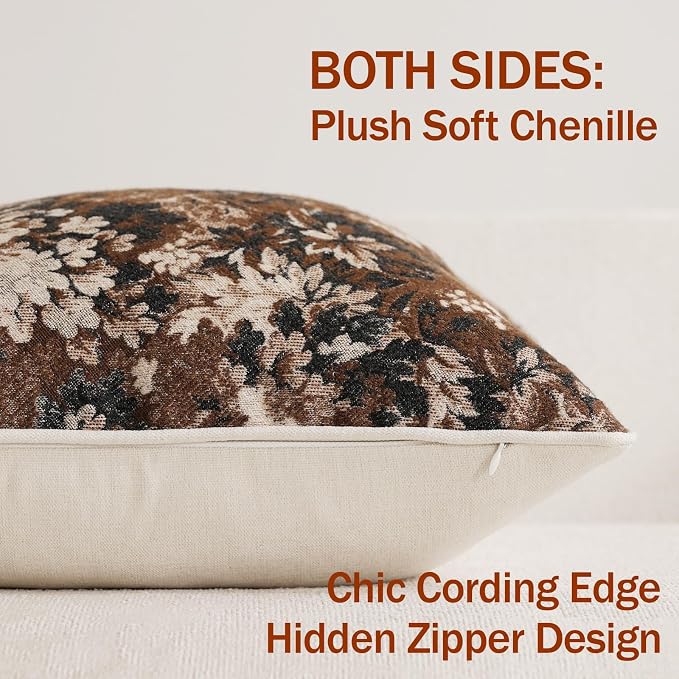 Pack of 2 Vintage Floral Throw Pillow Covers 22x22 Boho Farmhouse Accents Chenille Square Decorative Pillow Cases for Living Room Couch Bed Home Decor, Dark Brown