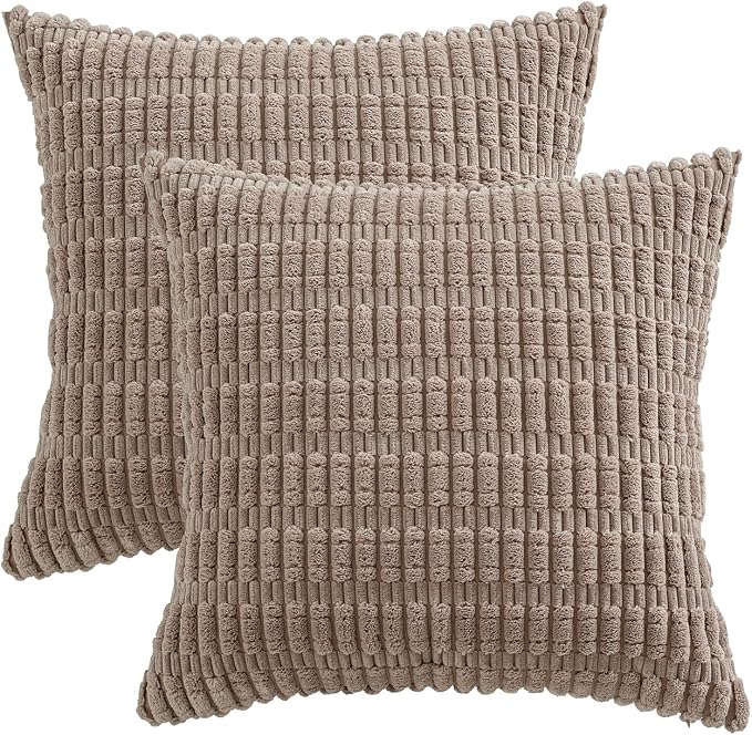 Volcanics Pack of 2 Corduroy Mocha Brown Throw Pillow Covers 18x18 | Decorative Soft Striped Square Cushion Cases, Modern Farmhouse Boho Home Decor