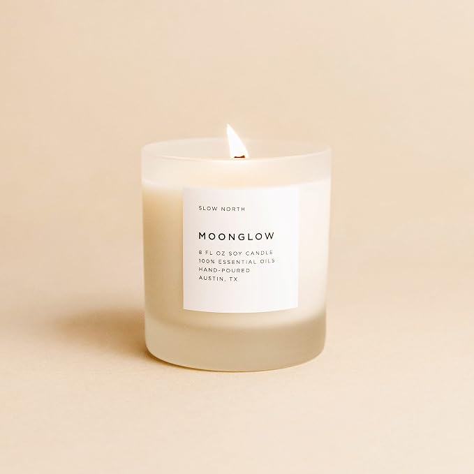Slow North Moonglow Candle - Essential Oils and Pure Soy Wax Candle in a Reusable Frosted Glass Jar - A Unique and Mindful Scented Candle Hand-Poured in the USA (8 oz)