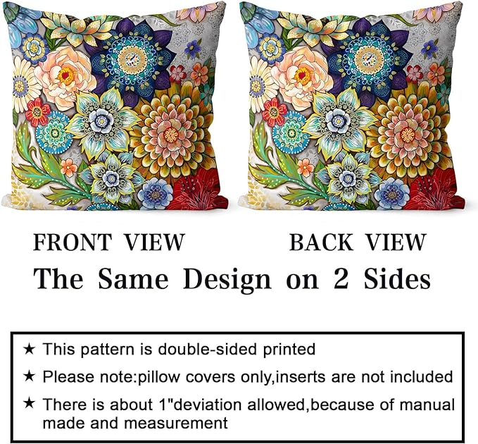 Snycler Boho Floral Throw Pillow Covers Set of 2 Colorful Boho Flower Decorative Cushions Pillowcase for Bedroom Sofa Home Decor, 26x26 Inch, Velvet, Short Plush
