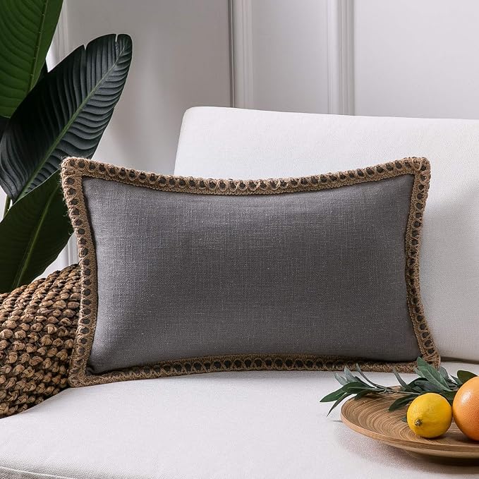 Phantoscope Farmhouse Solid Throw Decorative Pillow Cover Burlap Linen Trimmed Tailored Edges Outdoor Pillow Grey 12 x 20 inches, 30 x 50 cm