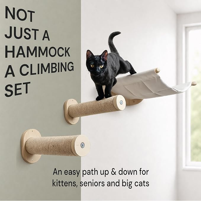 Cat Wall Hammock with 2 Steps for Large Cats | Complete cat wall shelves set with a roomy 21-inch wall mounted cat hammock, removable cushion and 2 sturdy climbing steps