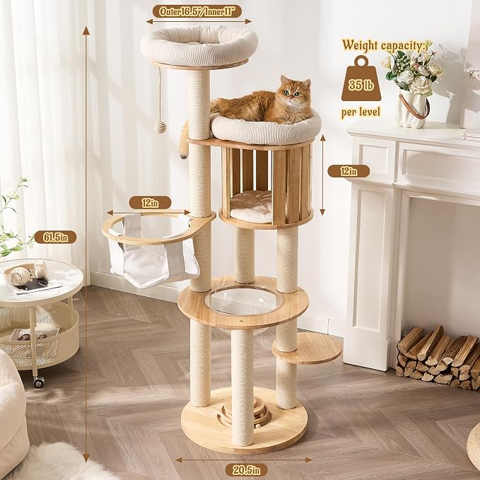 Modern Cat Tree Tower with Scratching Post, 61.5in Tall Cat Tree for Indoor Cats, Multi-Level Solid Wood Cat Furniture with Cozy Cat Beds, Condo, Hammock, Capsule Nest, Turntable Toy, Natural
