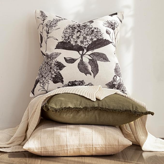 Foindtower Set of 2 Linen Floral Vintage Throw Pillow Covers Neutral Accent Print Decorative Cushion Covers Farmhouse Boho Home Decor for Sofa Chair Couch Bedroom Living Room,24×24 Inch,Black