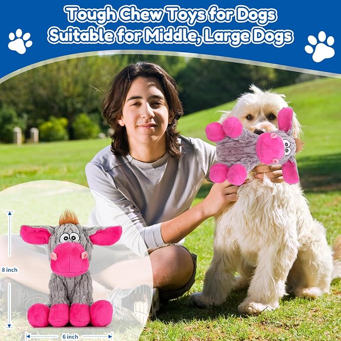 loncoldy Plush Chew Toys for Large Dogs, Tough Crinkle Stuffed Animal Squeaky Interactive Toys for Small Medium Large Dogs, Keep Them Busy, Big Pet Toys