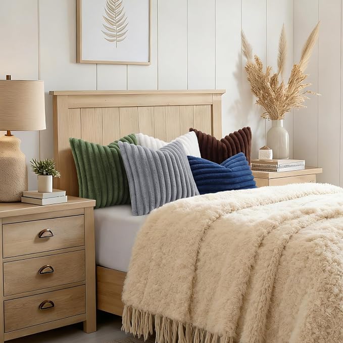 decorUhome Fall Faux Fur Throw Pillow Covers 12x20 Set of 2 Dark Brown | Decorative Soft Cozy Striped Plush Modern Farmhouse Boho Couch Pillow Cases Velvet Back for Sofa Bed Living Room Home Decor