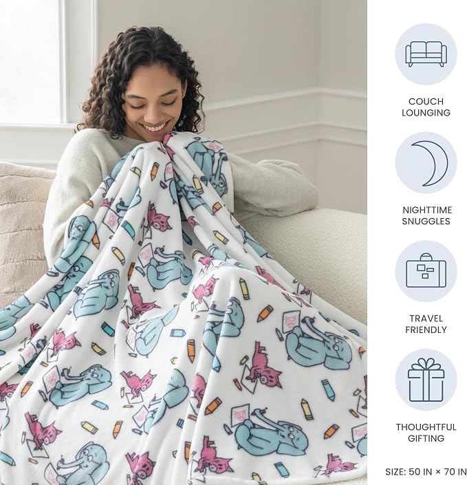 Berkshire Mo Willems® VelvetLoft® Throw Blanket - Super Soft Plush Elephant & Piggie Character Design - Cozy Home Decor, Elephant_Piggie Coloring Dreams, 50 in x 70 in(Official Mo Willems® Product)