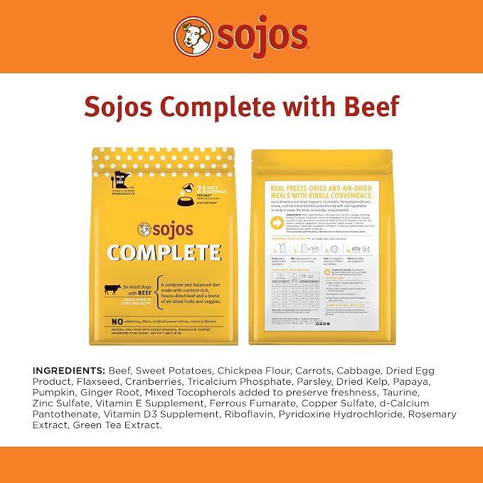 Sojos Complete Freeze Dried Raw Adult Dry Dog Food, Grain Free, Natural, Beef Recipe, 1.75 lb Bag