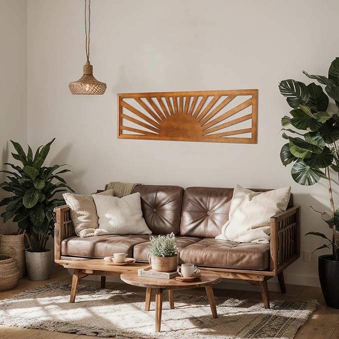 Burbell Horizontal Sun Wall Art 35"x12" Boho Wooden Room Decor,Dark Brown | Long Panoramic Sun Art Above Bed, Vintage Bohemian Design, Carved Hollow Frame, Farmhouse Decor for Living Room Bedroom